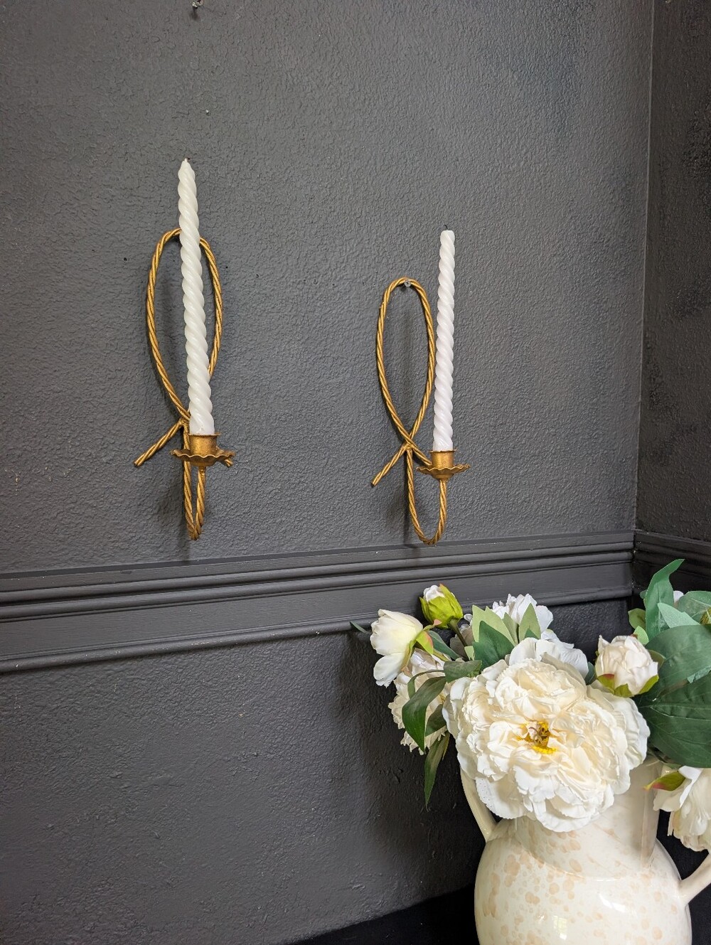 Vintage, Set of 2, Hollywood Regency Homco Gold Twisted Metal Wire Sconces, Wall